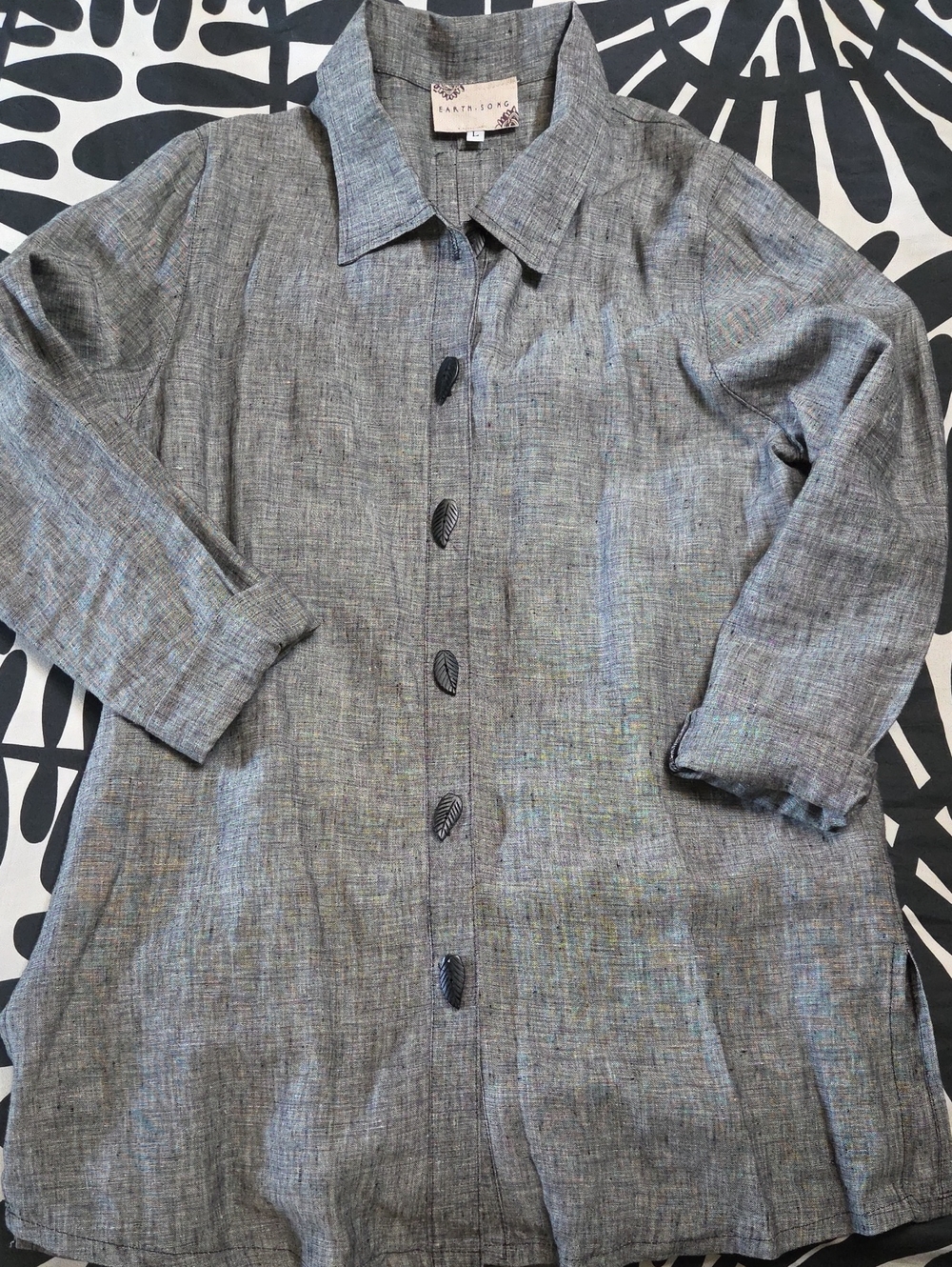 Earth Song Gray Linen-Blend Button Front Dress, Roll Up Sleeves, Split Hem-NWOT